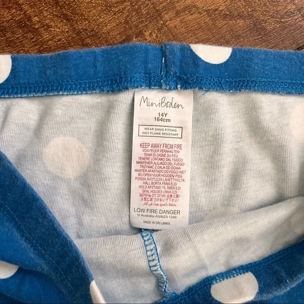 Mini Boden girls pajama set two 2 pieces Sz 14 blue white polka dots